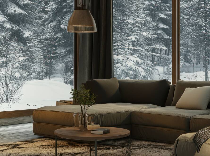 Un salon avec un poêle à bois, de grandes baies vitrées, des murs et un plafond en bois, avec un canapé moderne aux tons beiges et une élégante table basse en bois naturel.